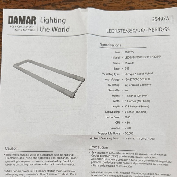 Damar White LED 15T8/850/U6/HYBRID/SS Tube Light - Picture 2 of 9